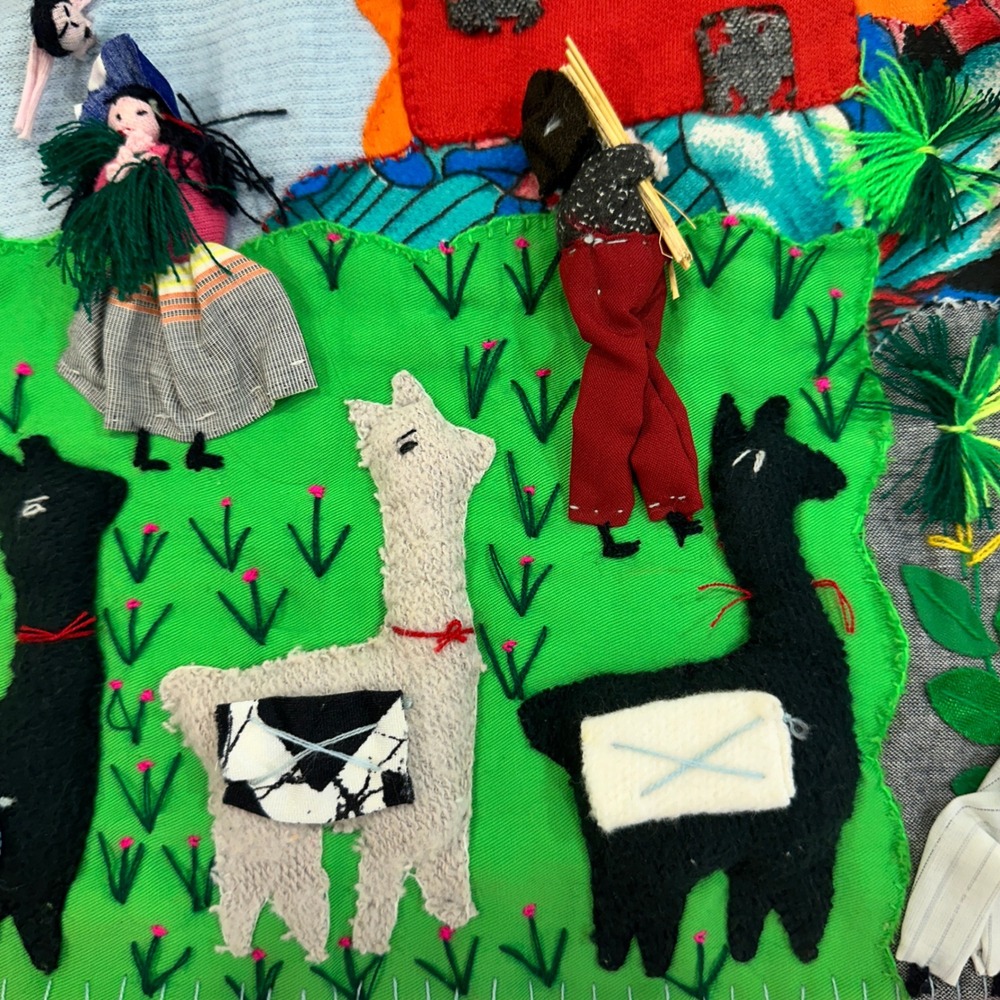Vintage Peruvian Arpillera Cosecha Wall Hanging 20x20 Multicolor 3D Folk Art - Picture 8 of 11